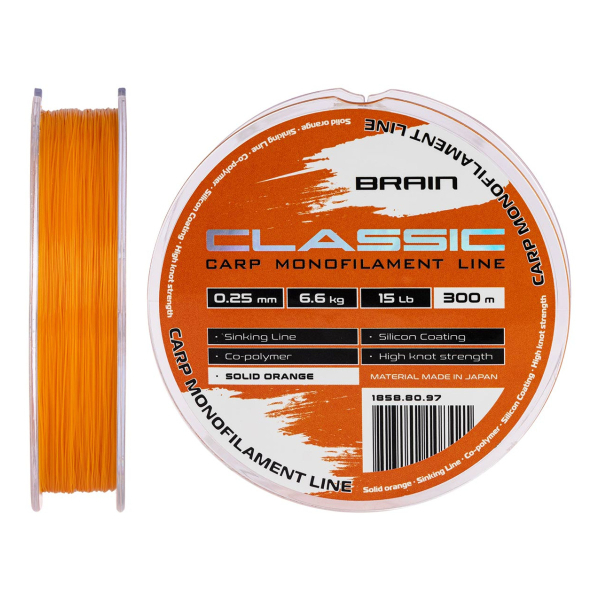 Леска Brain Classic Carp Line (solid orange) 300m 0.25mm 15lb 6.6kg