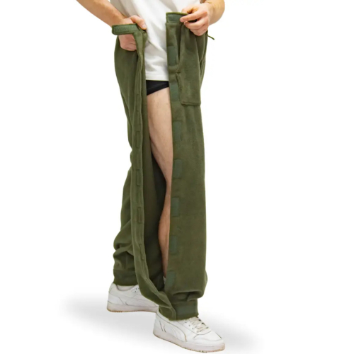 Адаптивные штаны при травмировании ног, флис Kirasa хаки (Арт KI422)