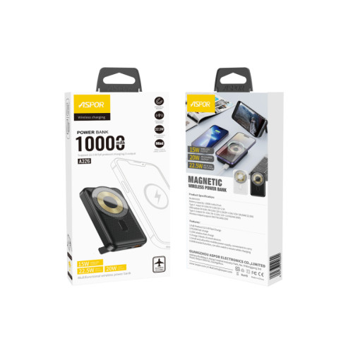 Power Bank Aspor A326 Magnetic Wireless 10000mAh (USB/Type-C/22.5W)- чорний (900148)