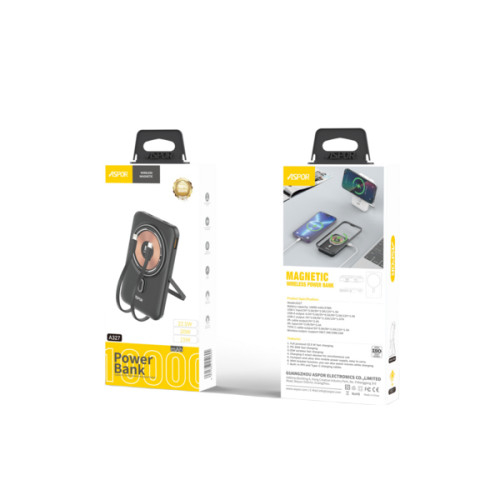 Power Bank Aspor A327 Magnetic Wireless 10000mAh+cable (USB/Lightning/Type-C/22.5W)- чорний (900150)