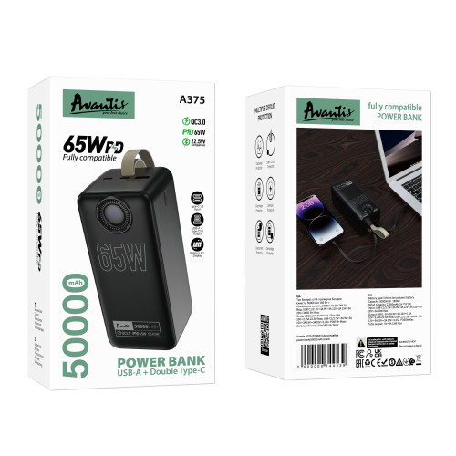 Power Bank Avantis A375 50000mAh (USB/2USB-C/65W)- чорний (900166)