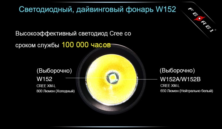 Фонарь для дайвинга Ferei W152B CREE XM-L (теплый свет диода)