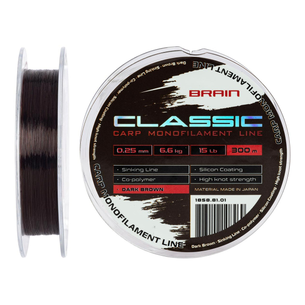 Волосінь Brain Classic Carp Line (dark brown) 300m 0.25mm 15lb 6.6kg