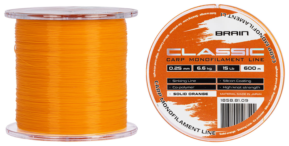 Леска Brain Classic Carp Line (solid orange) 600m 0.25mm 15lb 6.6kg